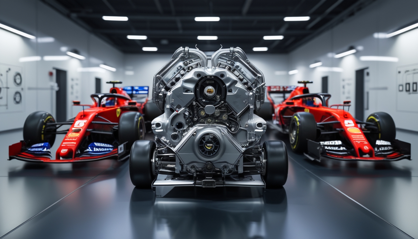 Tiga mesin Formula 1 dari Ferrari, Mercedes, dan Honda yang dipajang berdampingan di sebuah bengkel otomotif modern.
