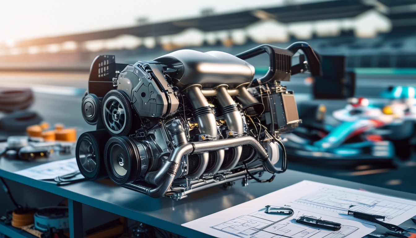 Mesin Formula 1 yang sangat detail di bengkel dengan alat dan sketsa teknis, latar belakang mobil balap sedang melaju di lintasan.