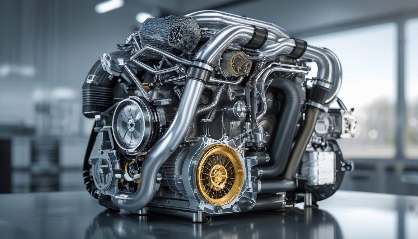 Mesin mobil Formula 1 canggih dengan detail mekanis yang rumit di dalam bengkel modern.