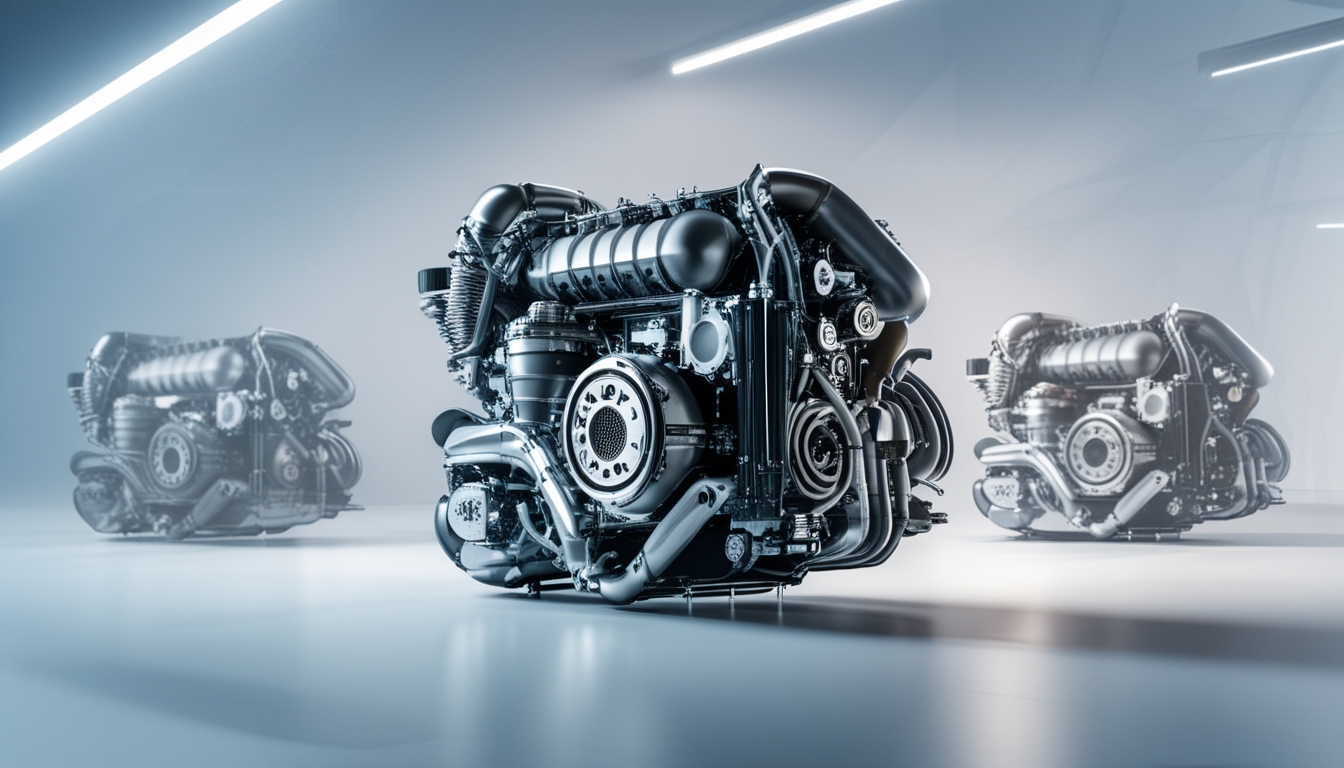 Mesin Formula 1 modern dengan detail mekanis yang rumit dan latar belakang futuristik yang menampilkan evolusi mesin balap.