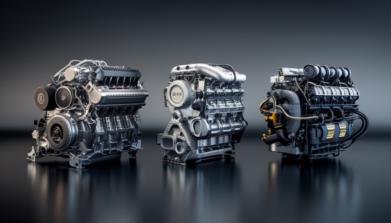 Tiga mesin Formula 1 dari era V10, V8, hingga hybrid turbo yang dipajang berdampingan di atas permukaan hitam mengkilap.
