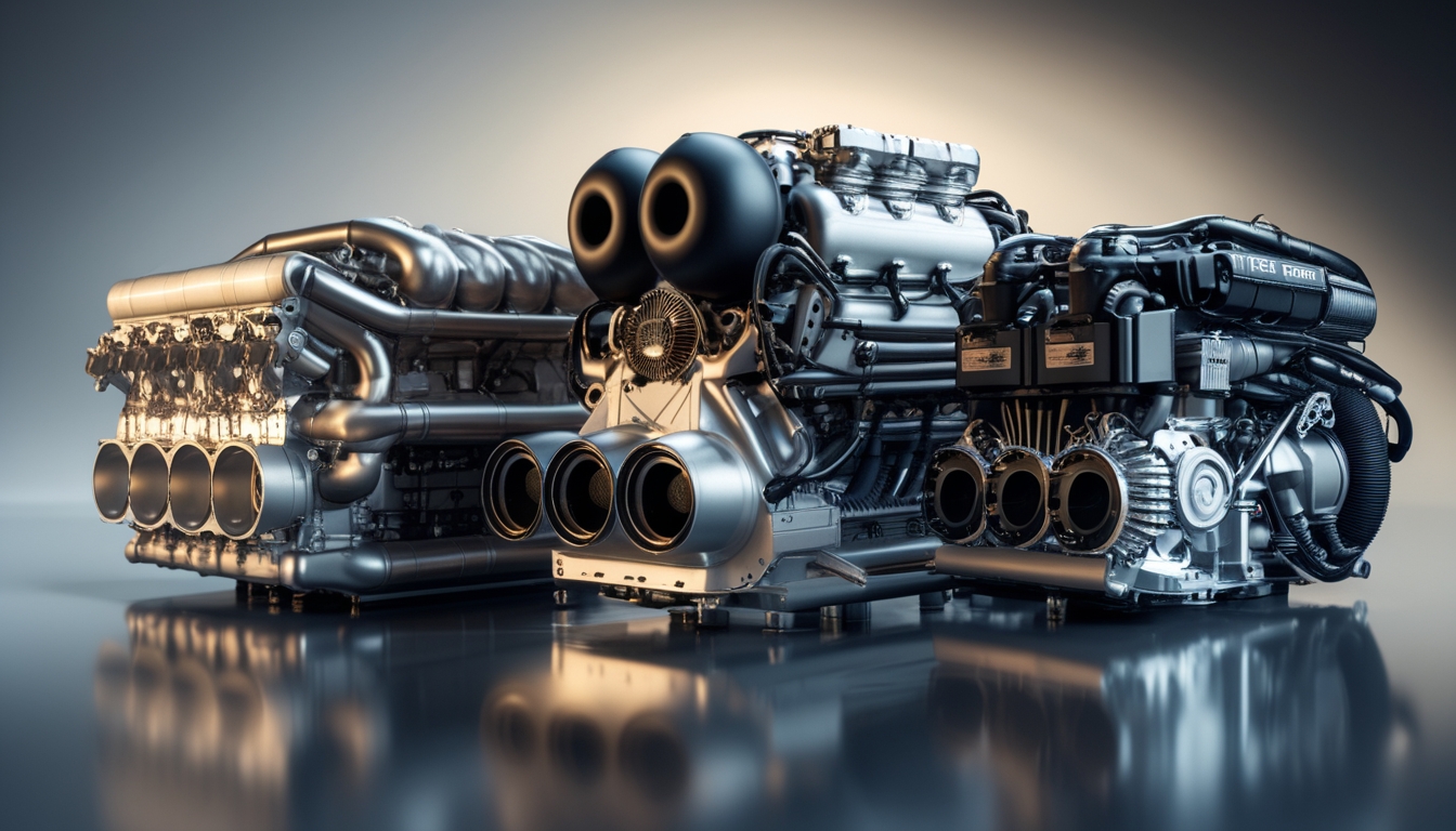 Tiga mesin Formula 1 dari era V10 hingga mesin hybrid turbo modern yang dipajang berdampingan di atas permukaan reflektif dalam latar studio gelap.