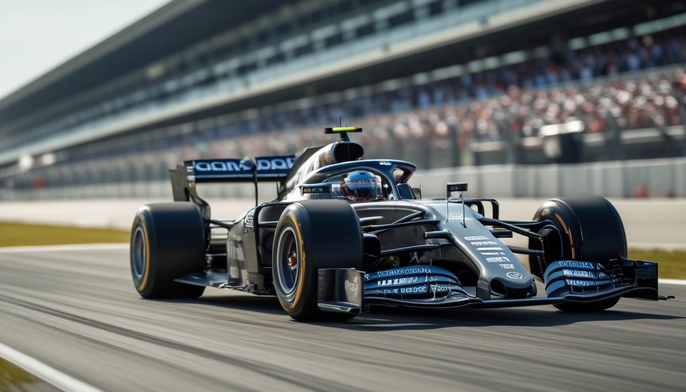 Mobil Formula 1 berkecepatan tinggi melaju di lintasan balap dengan latar tribun penonton.