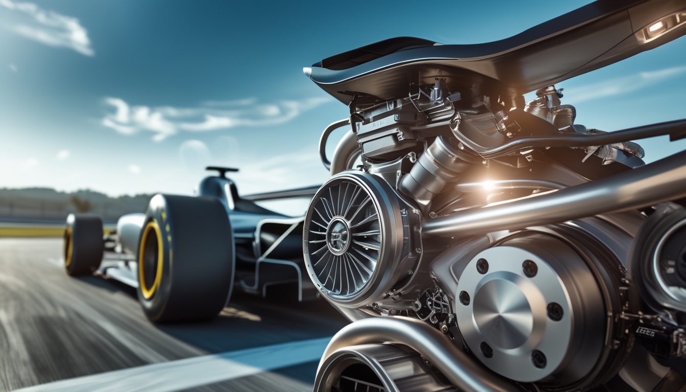 Mesin Formula 1 modern dengan bagian mekanis yang terlihat jelas, latar belakang mobil F1 di lintasan balap.