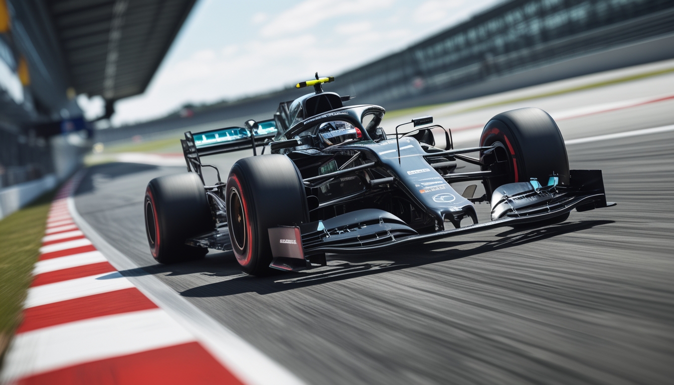 Foto mobil balap Formula 1 modern sedang melaju di lintasan balap pada hari cerah.