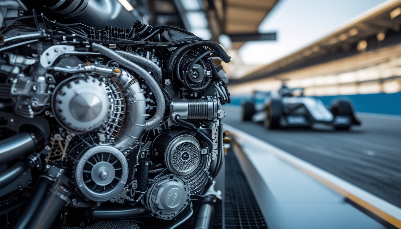 Mesin Formula 1 modern dengan komponen detail dan mobil F1 yang samar di latar belakang di lintasan balap.