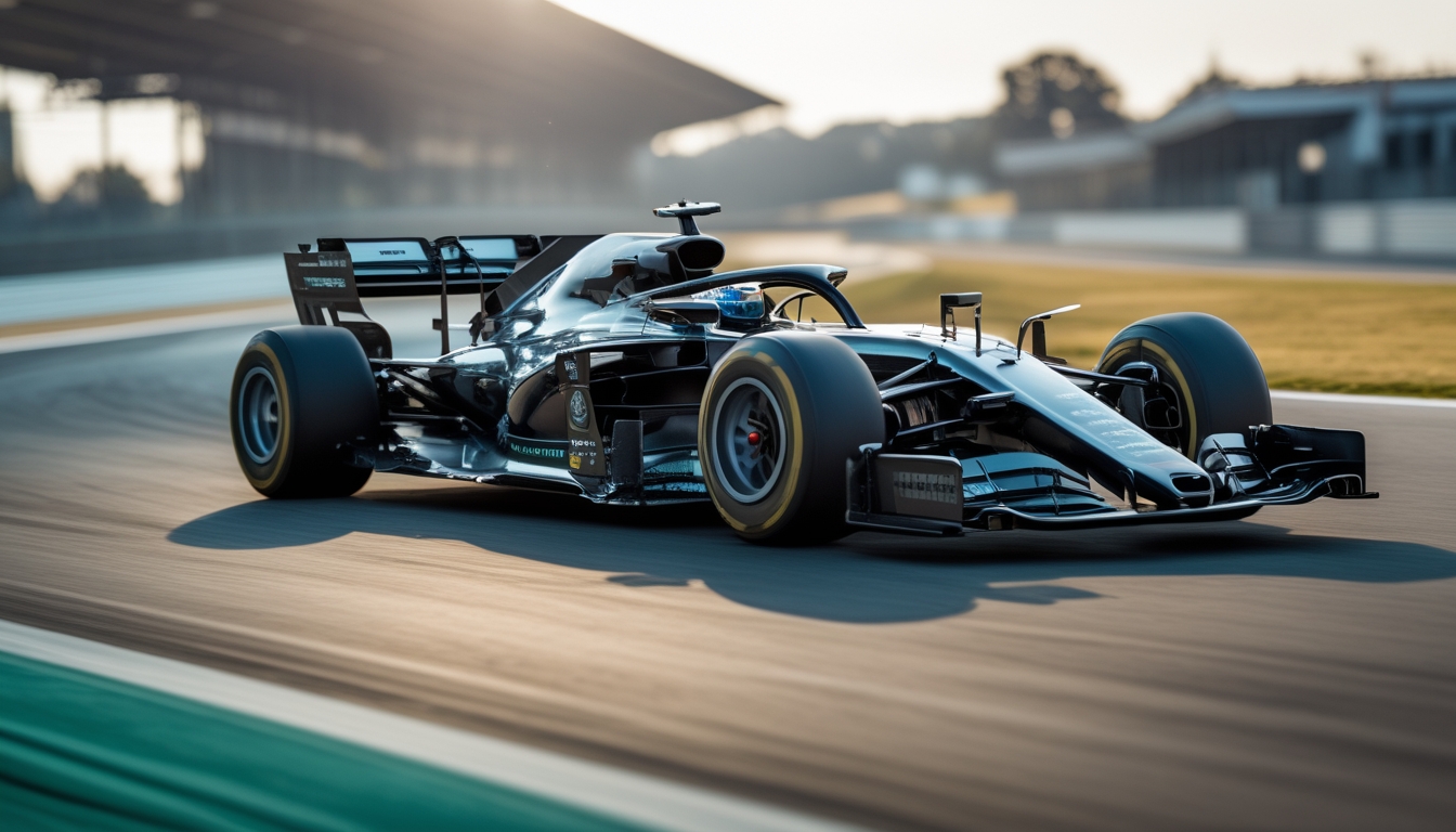 Mobil balap Formula 1 modern di lintasan balap dengan latar belakang kabur yang menunjukkan kecepatan.