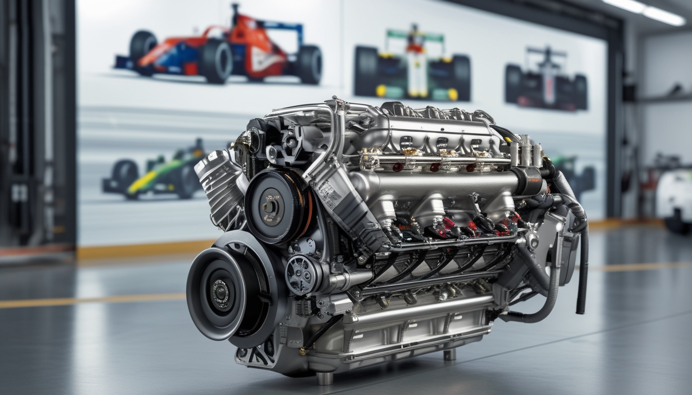 Mesin balap Formula 1 modern dengan latar belakang mesin-mesin F1 versi lama yang menunjukkan evolusi teknologi mesin balap.