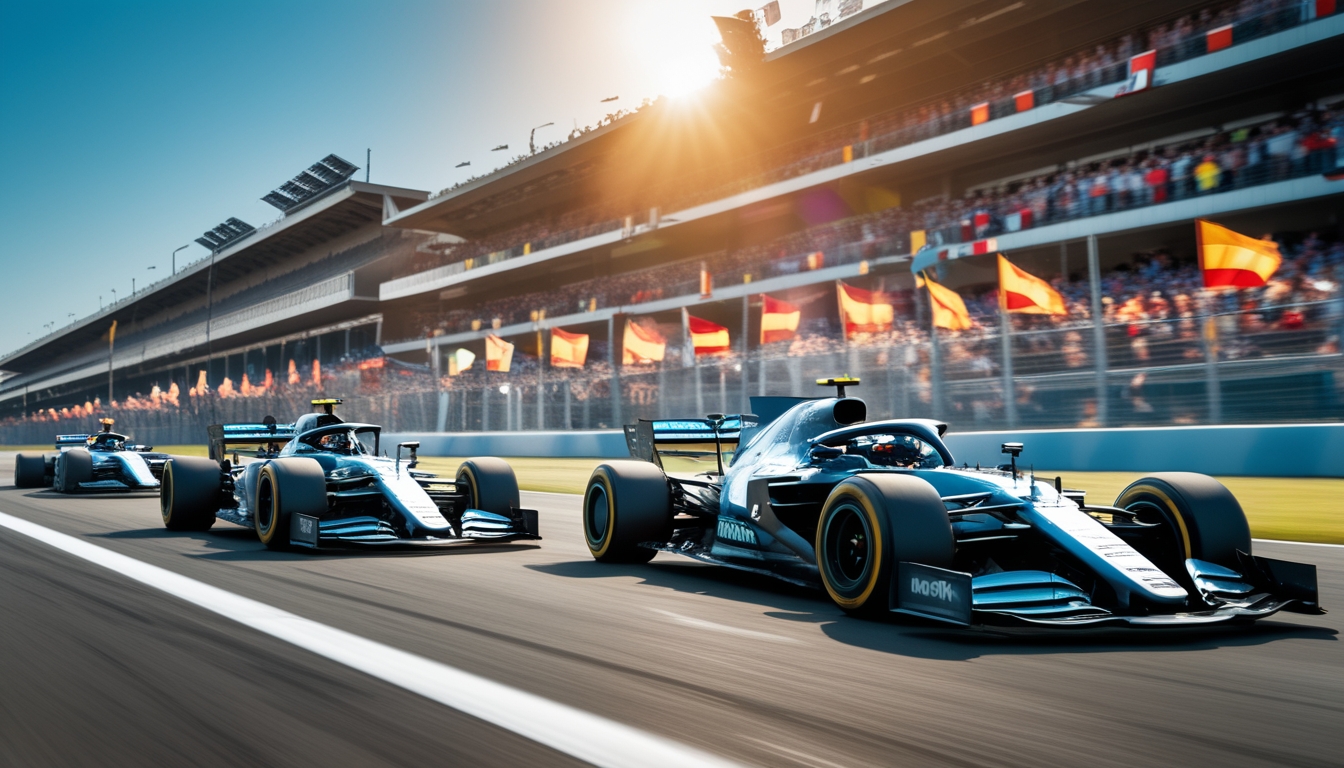 Dua mobil Formula 1 balapan dengan kecepatan tinggi di lintasan dengan penonton banyak dan langit cerah.
