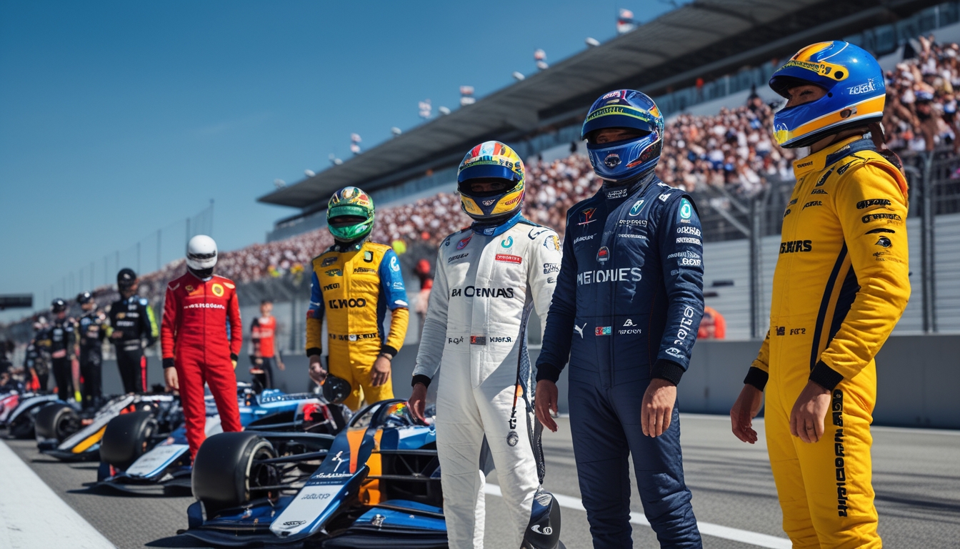 Sejumlah pembalap Formula 1 berdiri di samping mobil balap di lintasan dengan penonton di tribun dan langit cerah.