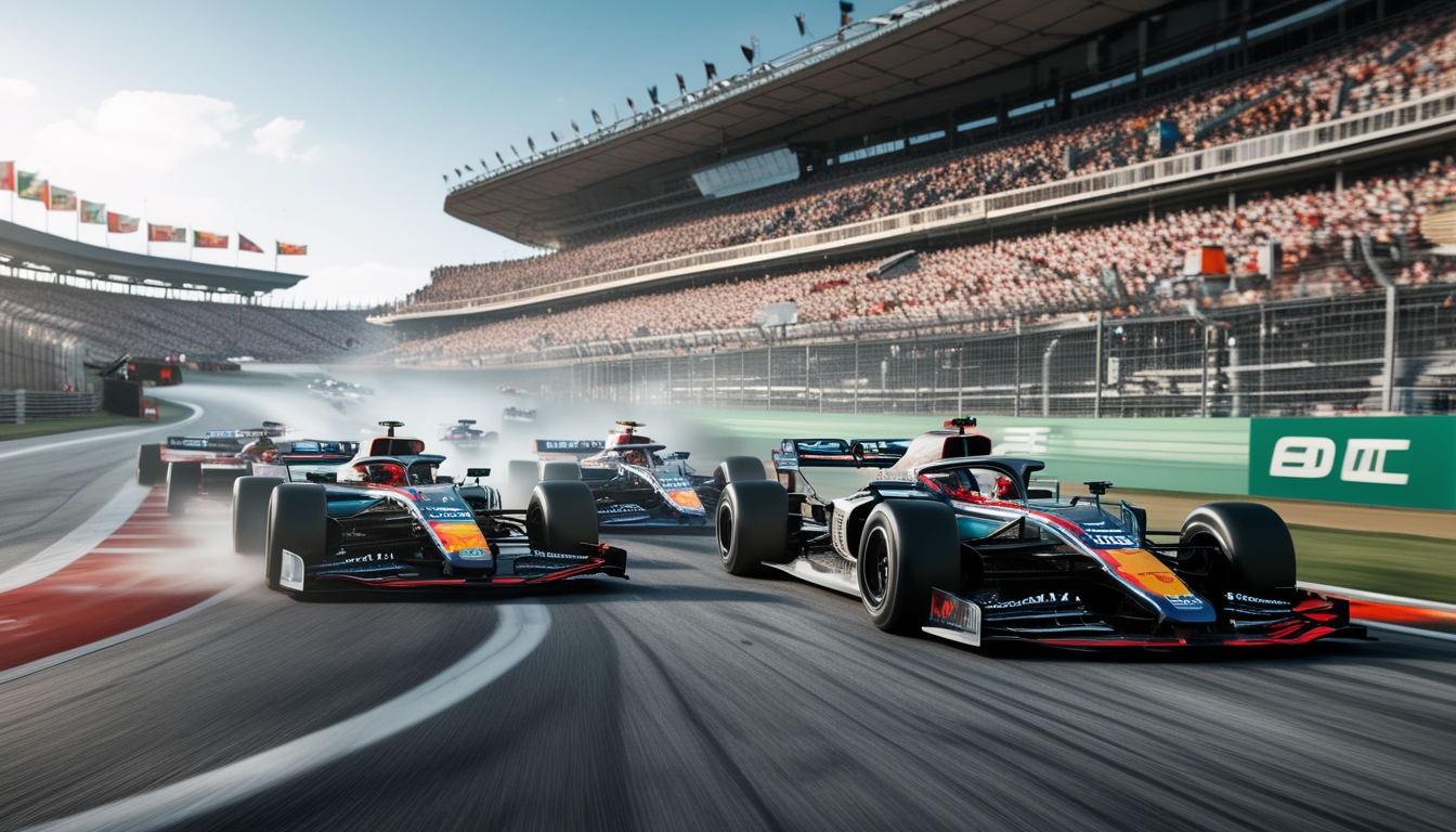 Beberapa mobil Formula 1 balap dengan kecepatan tinggi di tikungan lintasan, dikelilingi oleh penonton yang antusias di tribun.
