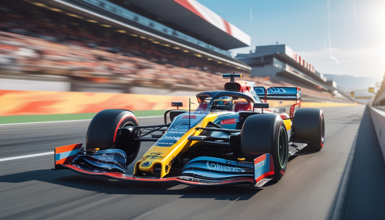 Mobil balap F1 modern melaju cepat di lintasan balap dengan penonton di tribun di latar belakang.