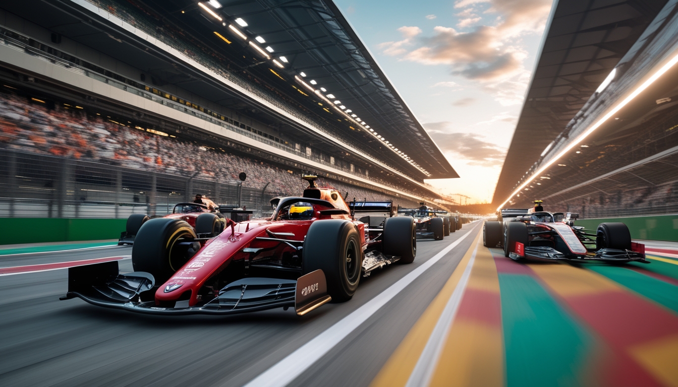 Balapan mobil Formula 1 yang cepat di lintasan dengan penonton di tribun dan kru tim yang siap di latar belakang.