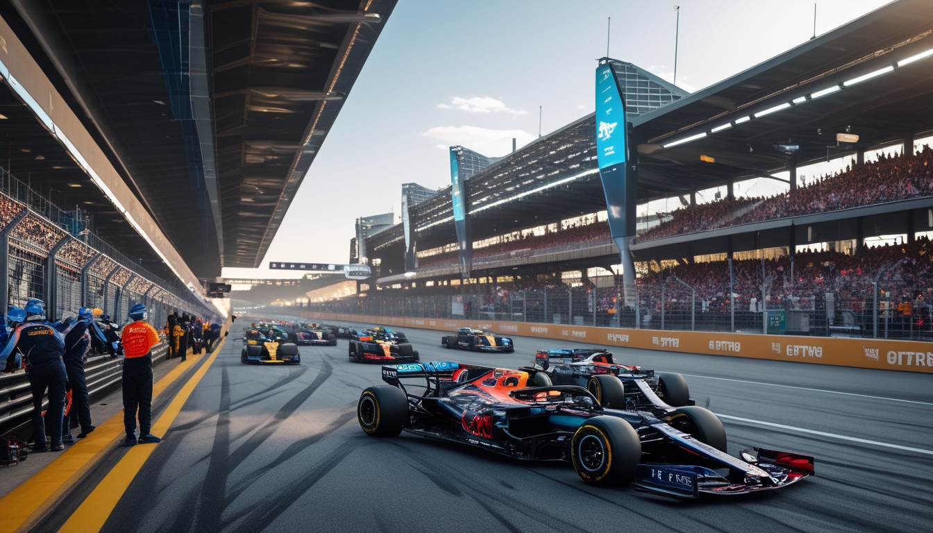 Mobil balap Formula 1 sedang melaju cepat di lintasan dengan penonton di tribun dan kru pit yang sedang bekerja.