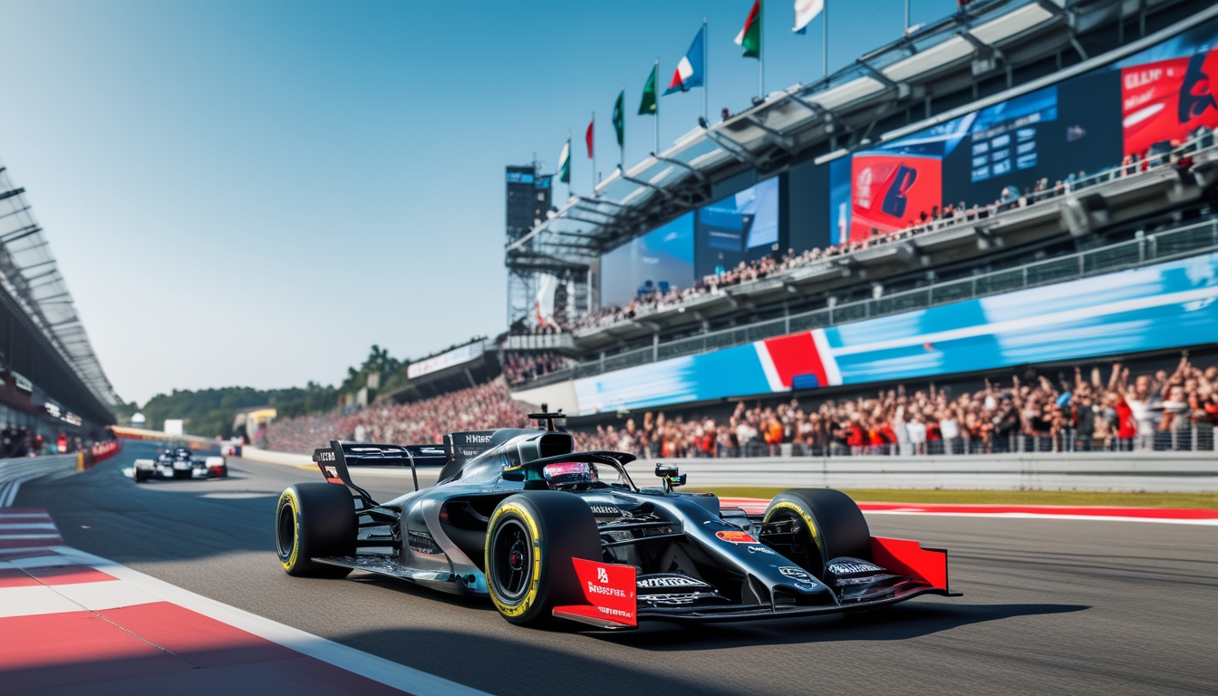 Mobil balap Formula 1 futuristik melaju cepat di lintasan dengan penonton di tribun yang semangat melambaikan bendera.