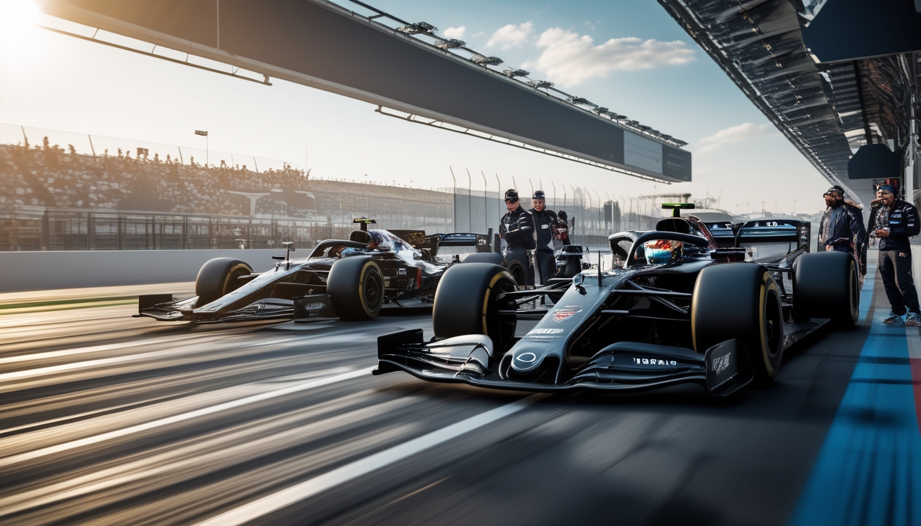 Mobil balap Formula 1 modern melaju cepat di lintasan balap dengan para insinyur dan anggota tim mengamati dari pit lane.