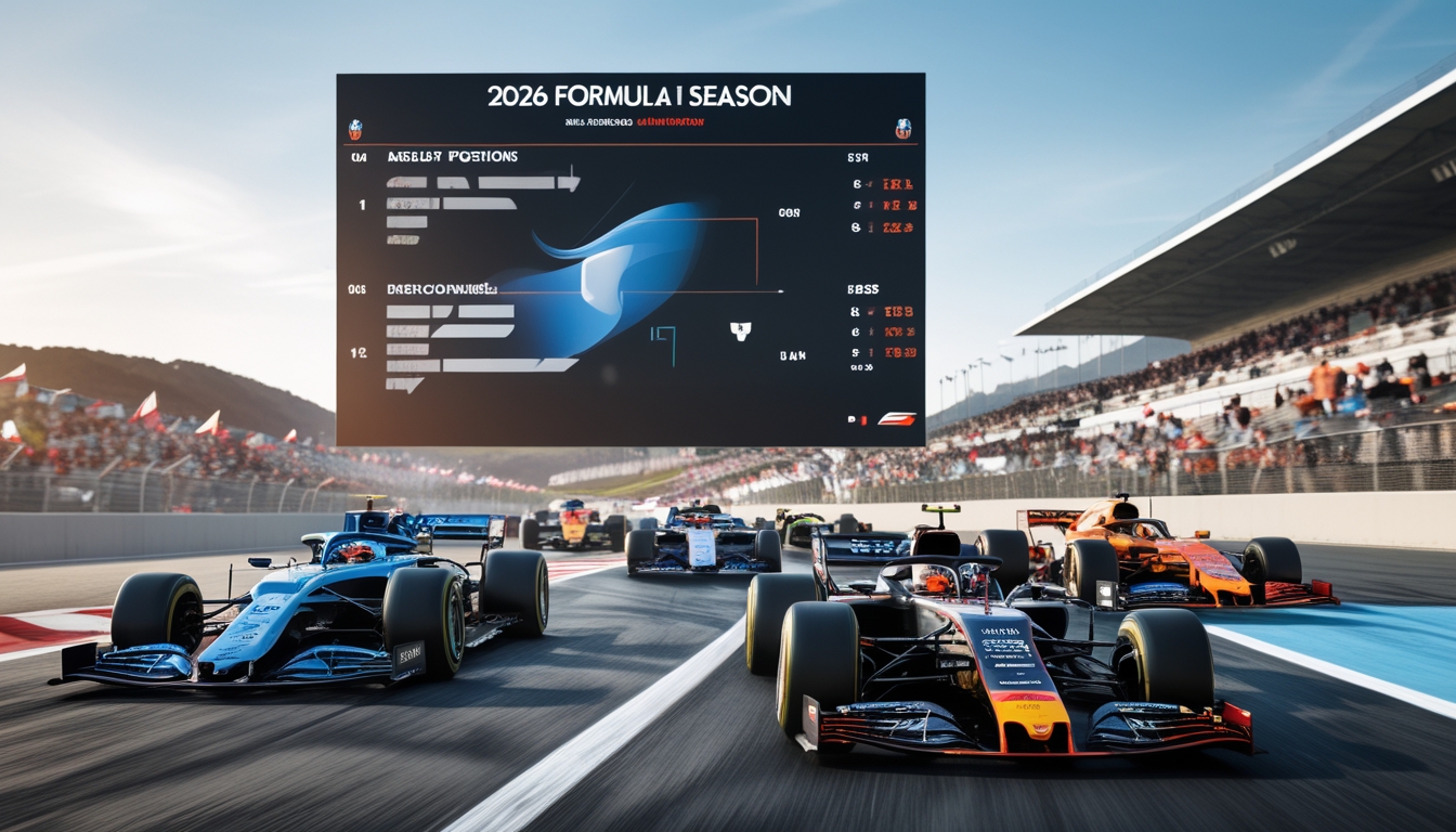 Beberapa mobil Formula 1 sedang melaju kencang di tikungan sirkuit dengan penonton di tribun dan papan skor digital di latar belakang.