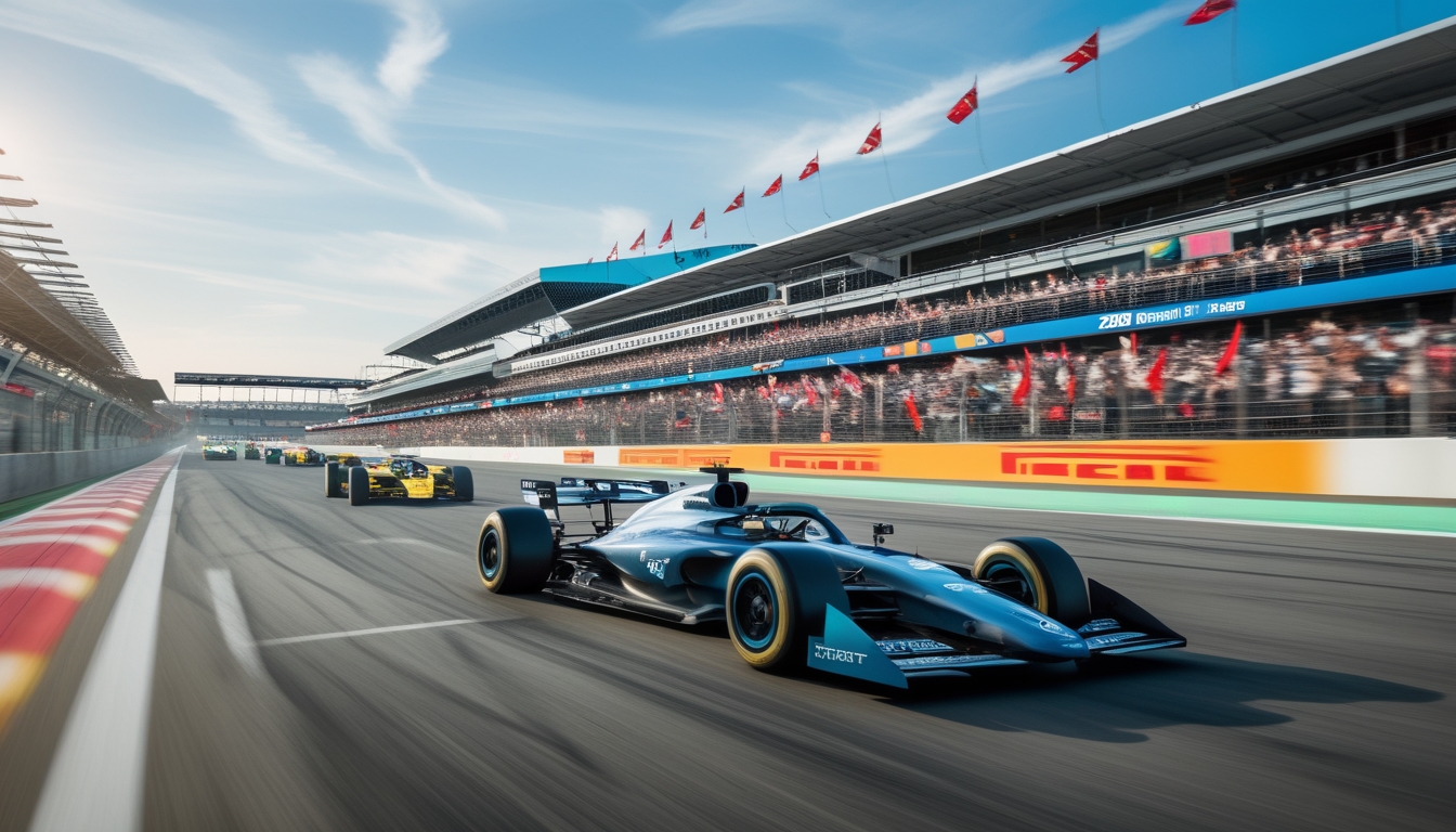 Mobil Formula 1 melaju cepat di lintasan balap dengan penonton di tribun yang bersorak.
