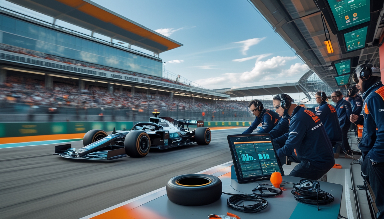 Tim Formula 1 sedang bekerja di pit lane dengan mobil balap yang melaju cepat di lintasan dan penonton di tribun.