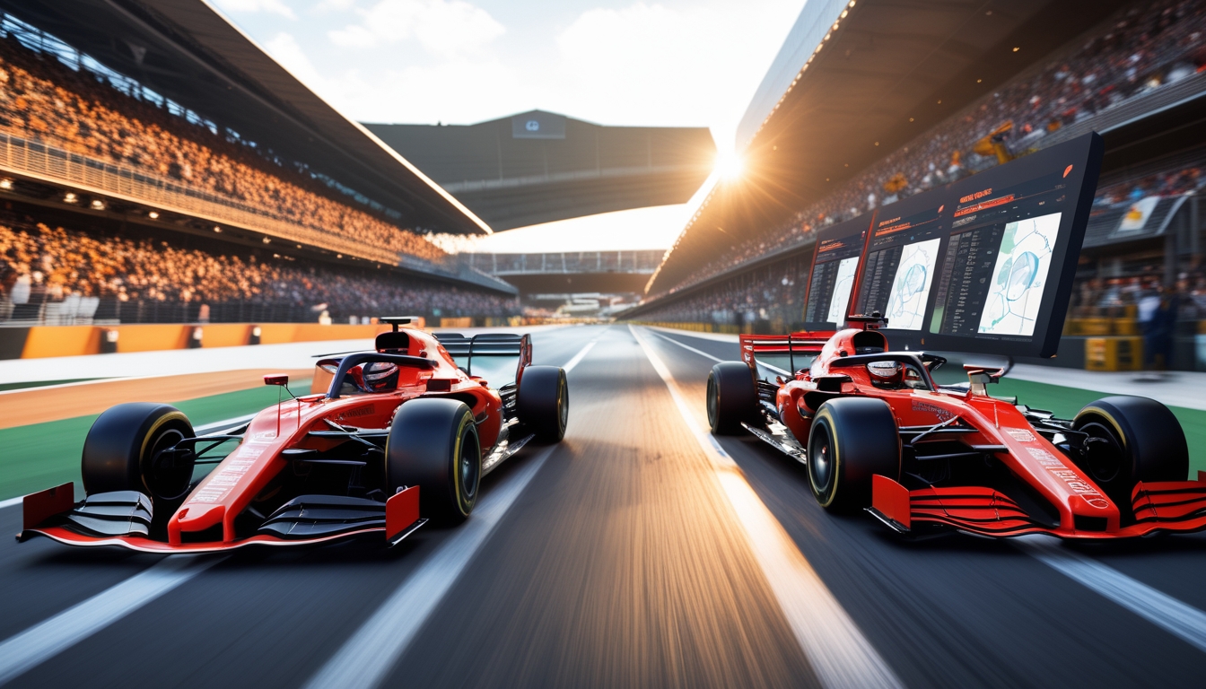Dua mobil balap Formula 1 modern sedang berlomba di lintasan dengan seorang analis tim yang melihat data di layar digital di dekatnya.