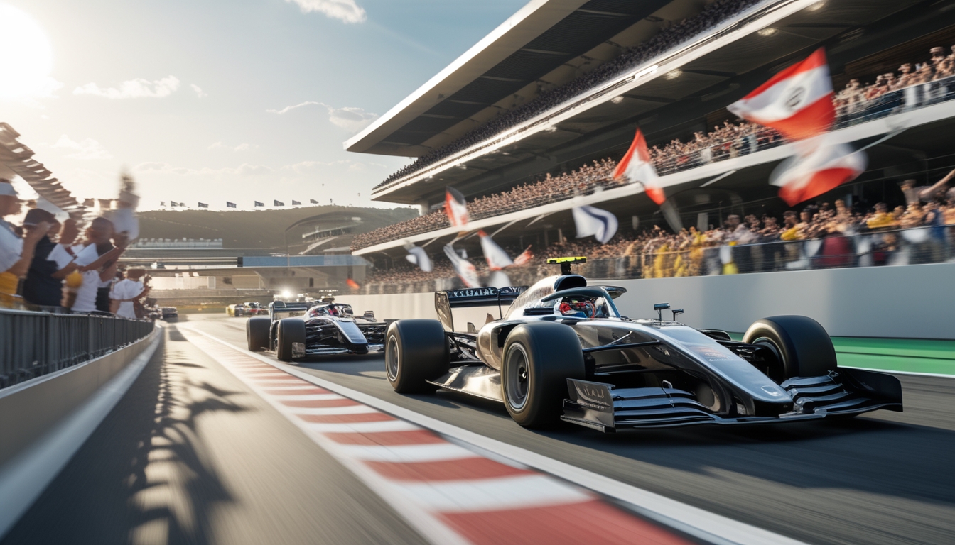 Mobil balap Formula 1 melaju cepat di tikungan sirkuit dengan penonton ramai di latar belakang.