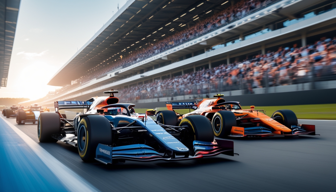 Dua mobil balap F1 bersaing ketat di lintasan dengan penonton ramai di tribun belakang.
