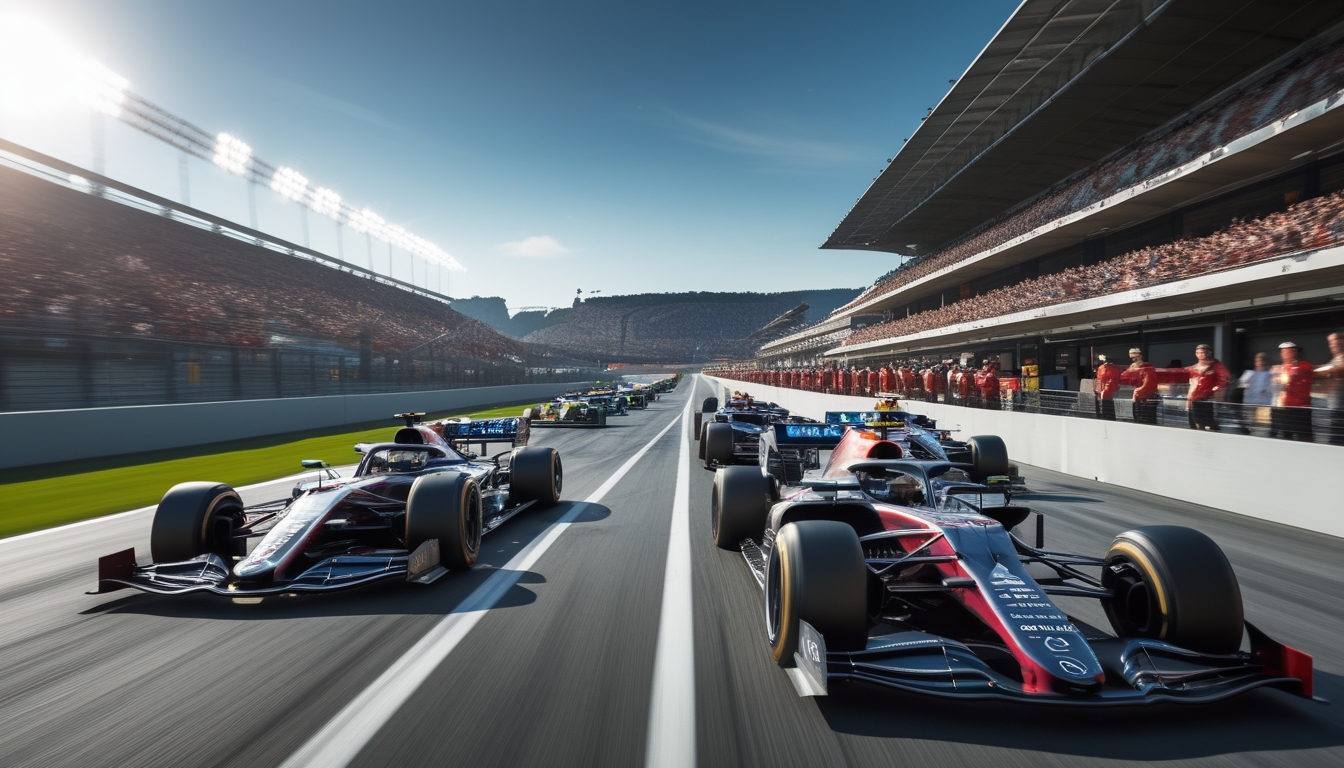 Beberapa mobil balap Formula 1 yang melaju cepat di lintasan dengan penonton di tribun dan kru tim di pit lane.