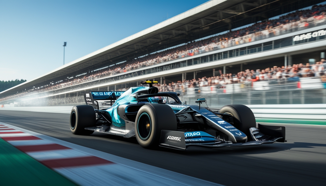 Mobil balap Formula 1 futuristik sedang melaju cepat di lintasan balap dengan penonton di tribun dan langit cerah di latar belakang.