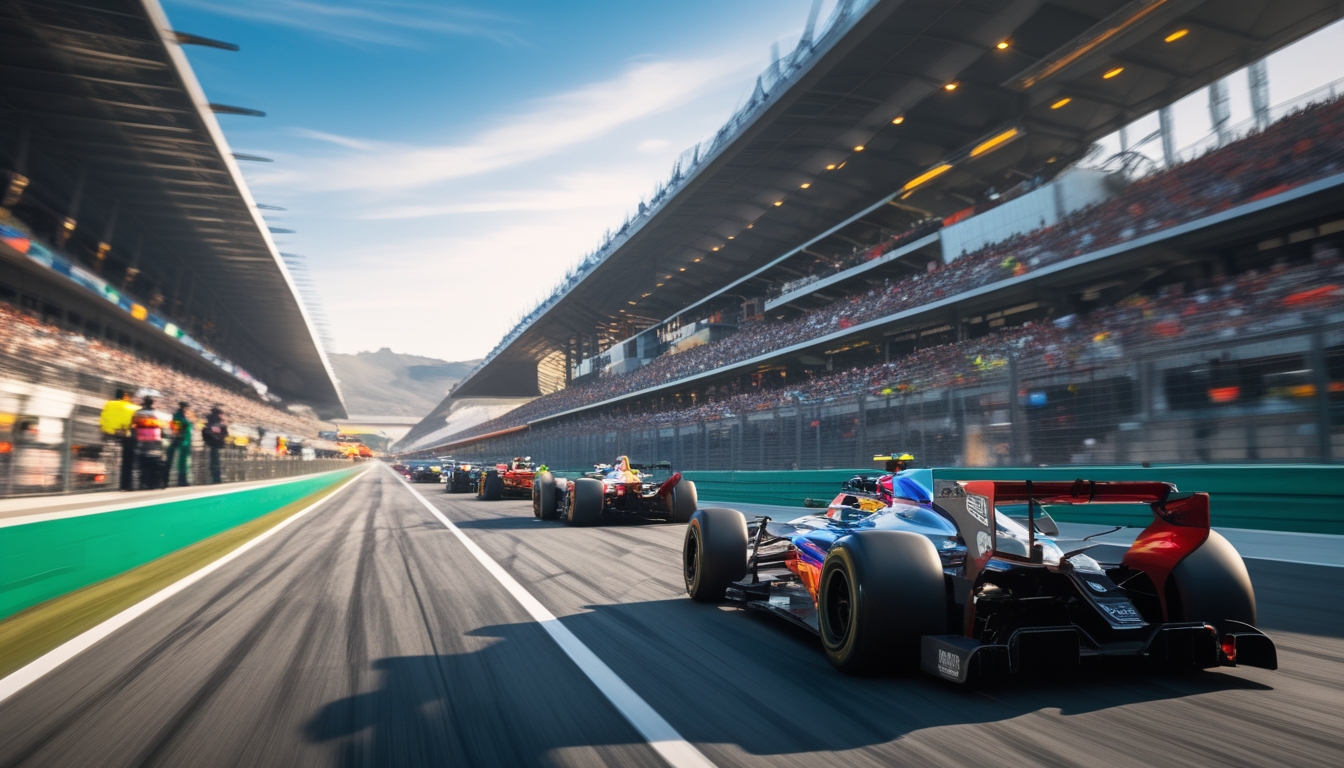 Mobil balap Formula 1 melaju kencang di lintasan dengan penonton ramai di tribun dan kru pit yang sedang bekerja.