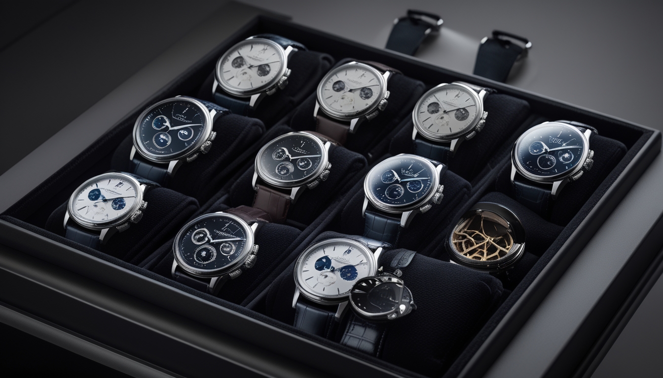 Sepuluh jam tangan Jaeger-LeCoultre mewah tersusun rapi di atas permukaan beludru hitam.