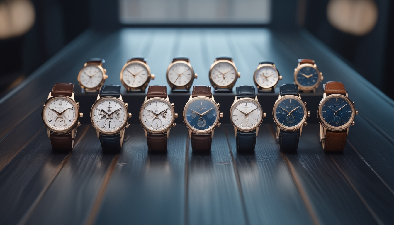 Sepuluh jam tangan Jaeger-LeCoultre mewah yang tersusun rapi di atas permukaan kayu gelap.