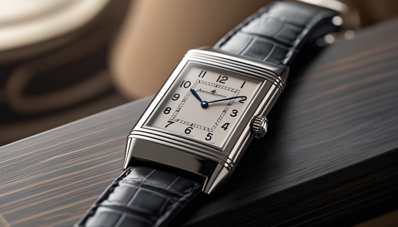 Jam tangan Jaeger-LeCoultre Reverso elegan diletakkan di atas permukaan kayu gelap dengan latar belakang buram.