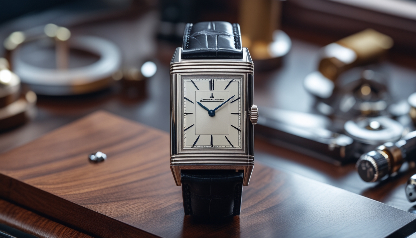Jam tangan Jaeger-LeCoultre Reverso diletakkan di atas permukaan kayu dengan latar belakang bengkel pembuat jam yang samar.