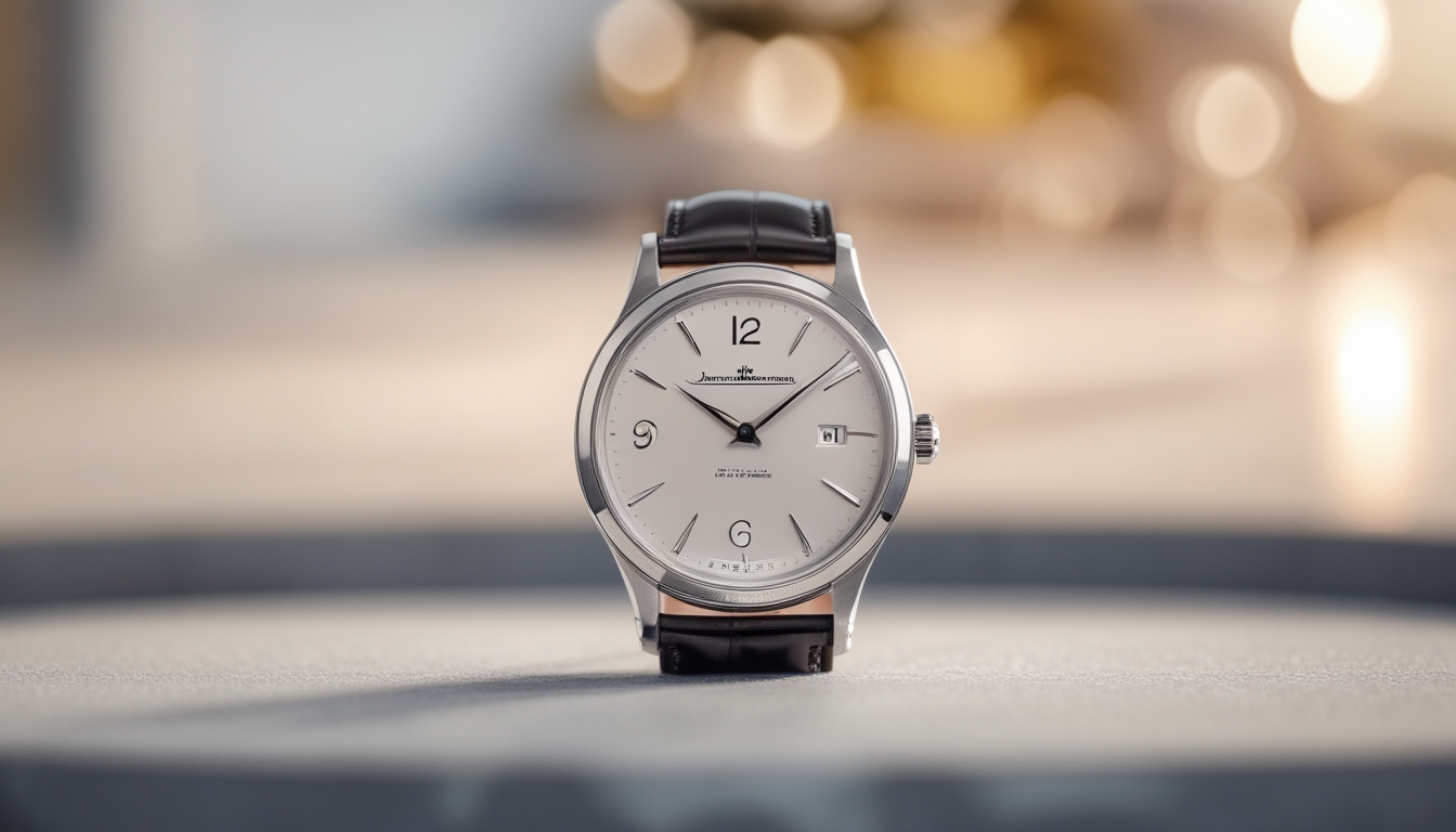 Jam tangan Jaeger-LeCoultre Master Control dengan desain elegan diletakkan di atas permukaan bersih dengan latar belakang buram.