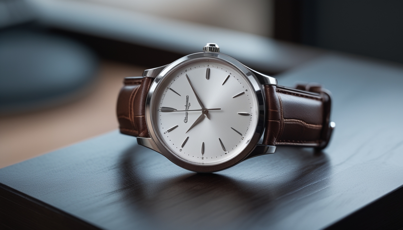 Jam tangan mewah dengan desain elegan terletak di atas permukaan kayu gelap, menonjolkan bahan dan detailnya.