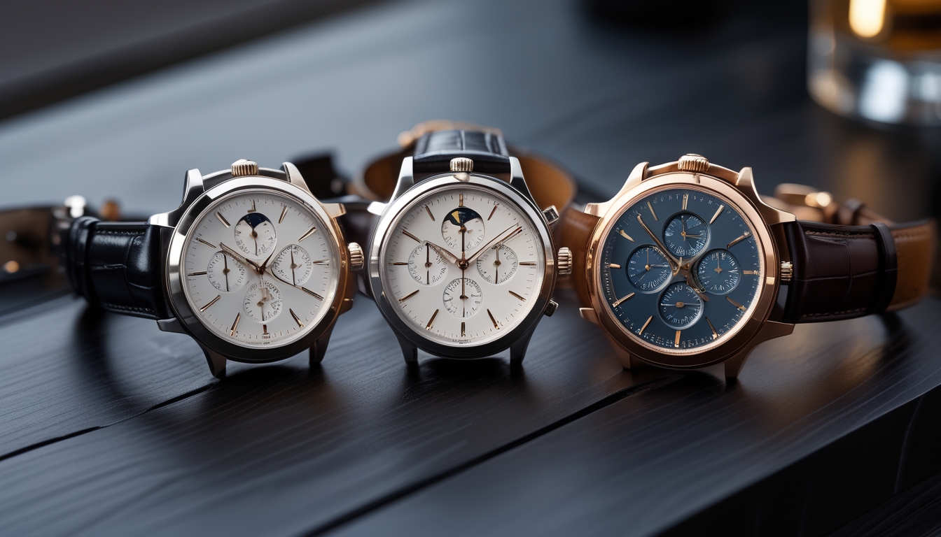 Beberapa jam tangan pria Jaeger-LeCoultre dengan desain formal dan mewah tersusun rapi di atas permukaan kayu gelap.