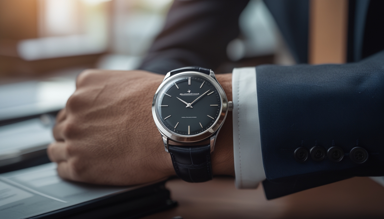Foto close-up jam tangan pria Jaeger-LeCoultre mewah yang dikenakan di pergelangan tangan pria dengan setelan jas formal.