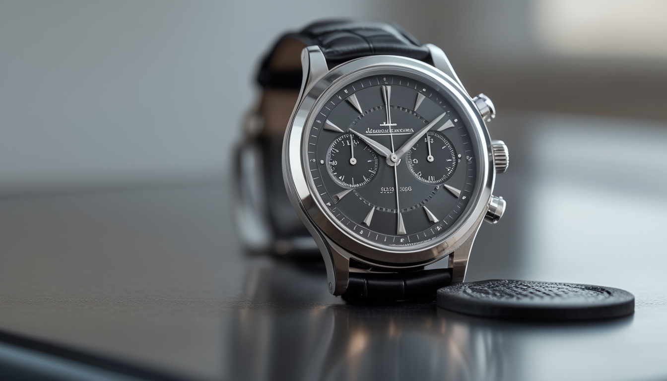 Jam tangan mewah Jaeger-LeCoultre dengan desain elegan diletakkan di atas permukaan reflektif, menonjolkan detail dan kualitasnya.