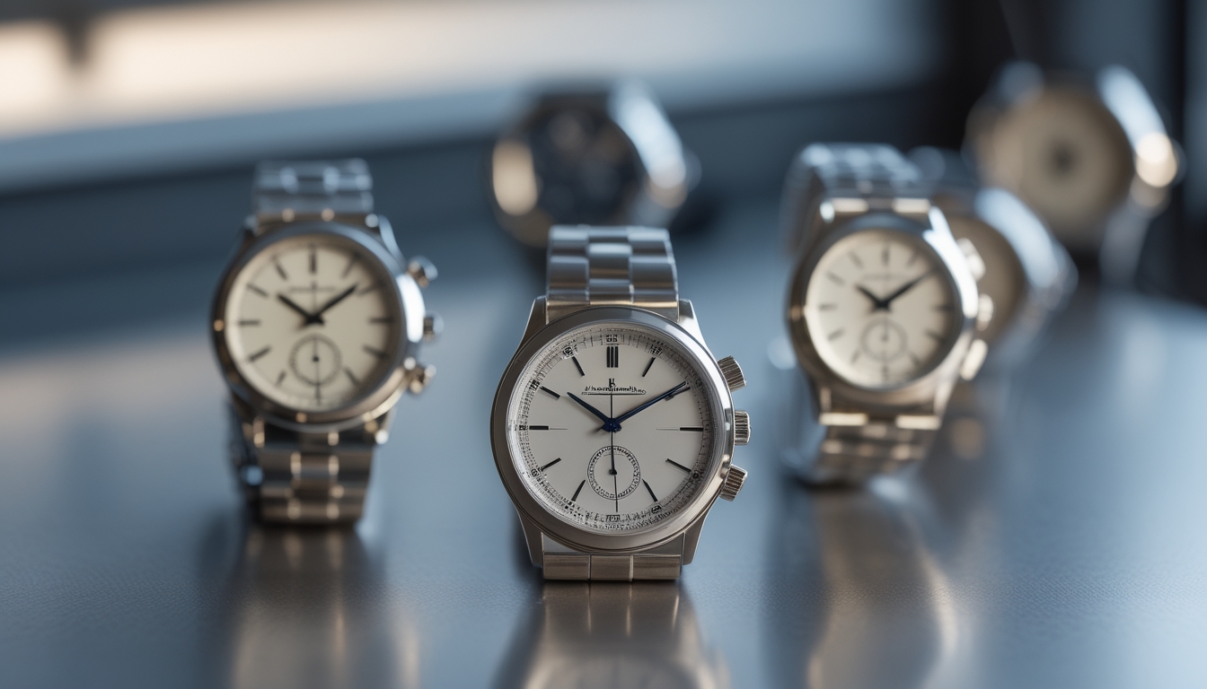 Beberapa jam tangan mewah Jaeger-LeCoultre ditampilkan di atas permukaan mengkilap dengan latar belakang samar.
