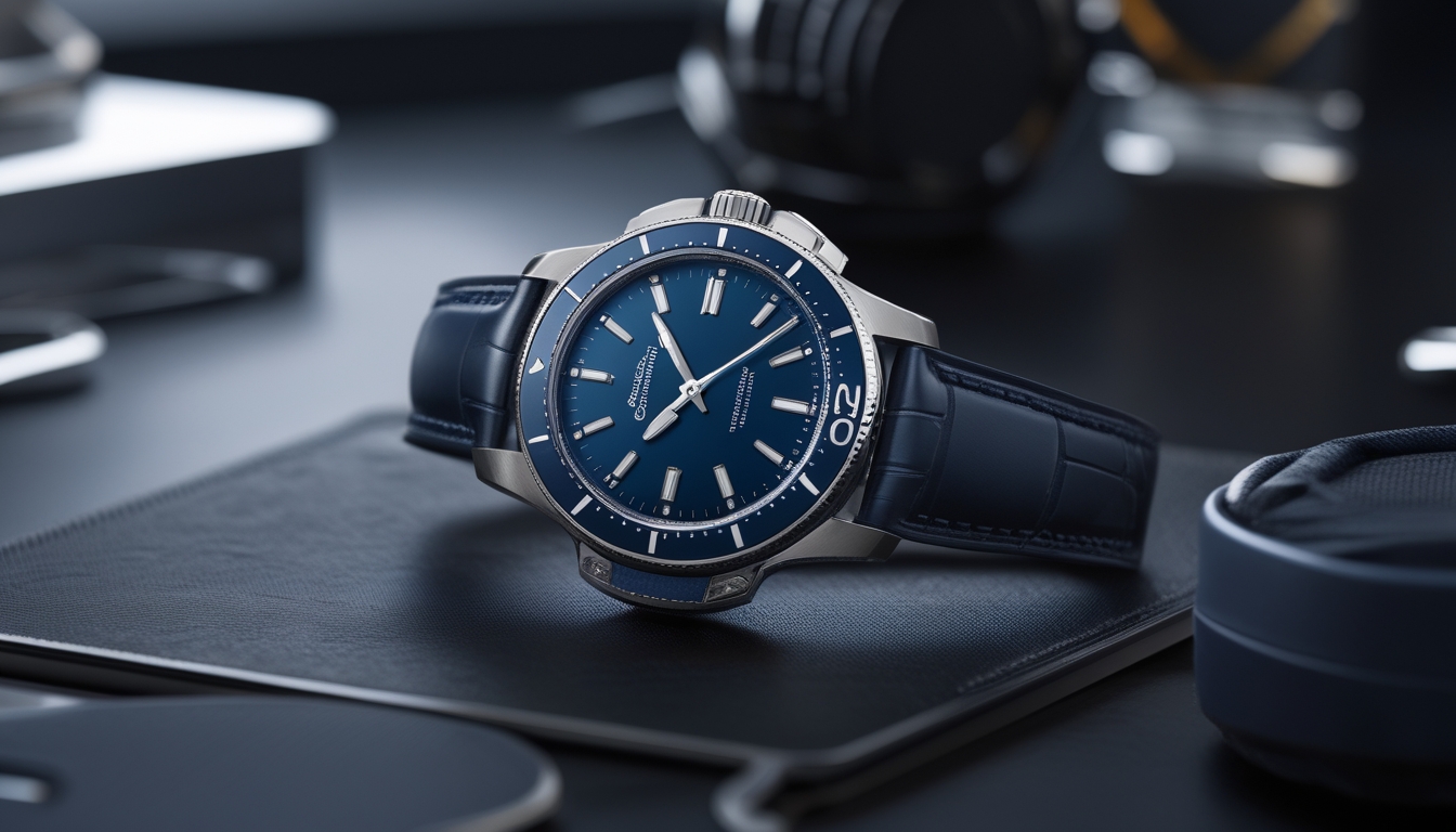 Jam tangan mewah olahraga berwarna biru dengan casing baja tahan karat, diletakkan di permukaan gelap dengan pencahayaan alami yang menyoroti detailnya.