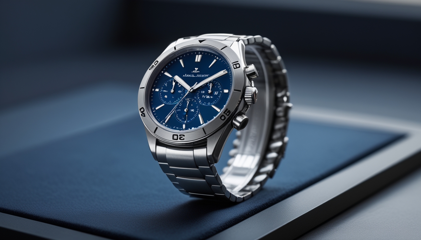 Jam tangan sport mewah dengan desain elegan berwarna biru dan tali logam, diletakkan di atas permukaan gelap.