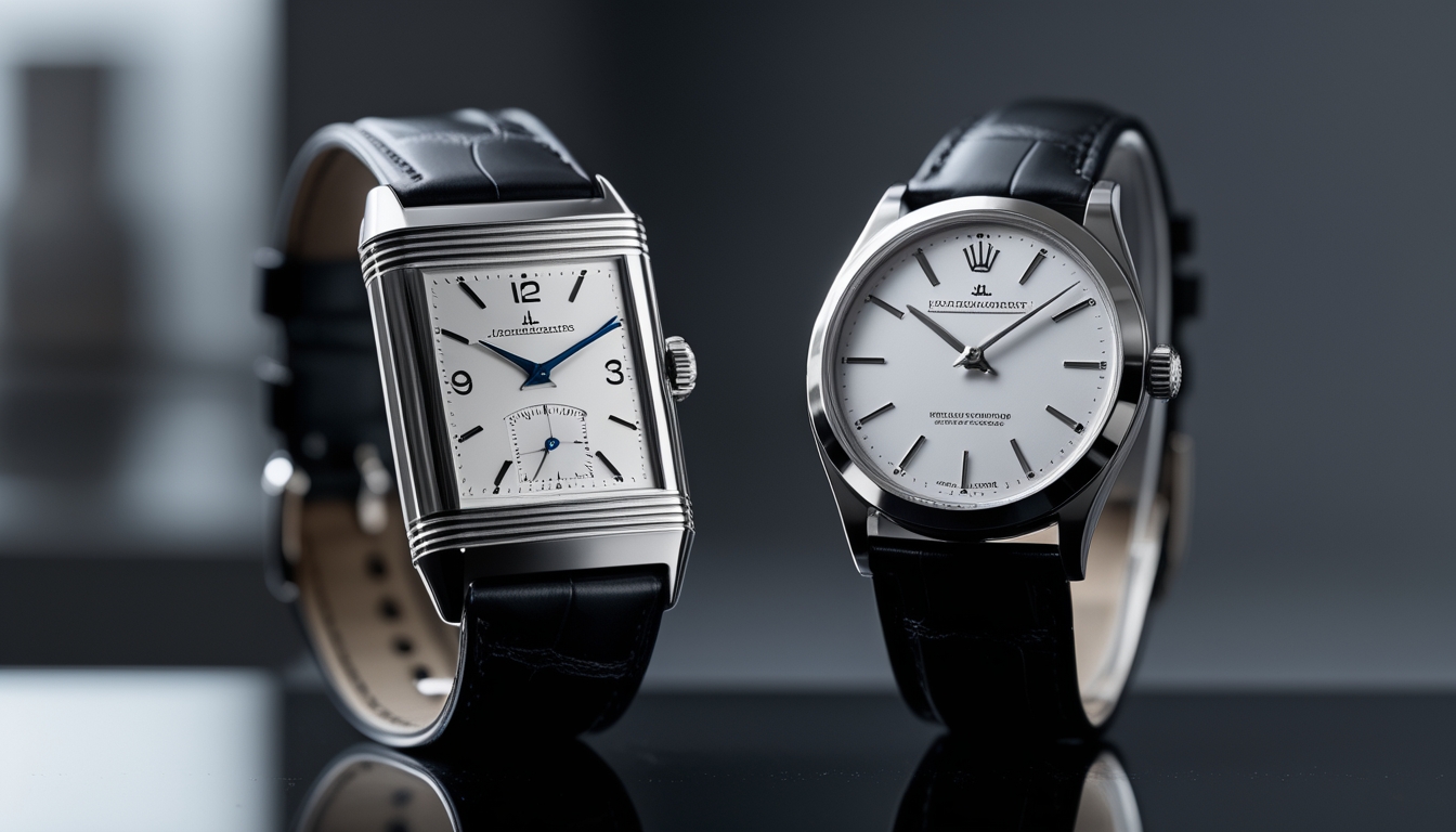 Dua jam tangan mewah, Jaeger-LeCoultre Reverso dan Rolex Cellini, ditempatkan berdampingan di atas permukaan hitam mengkilap.