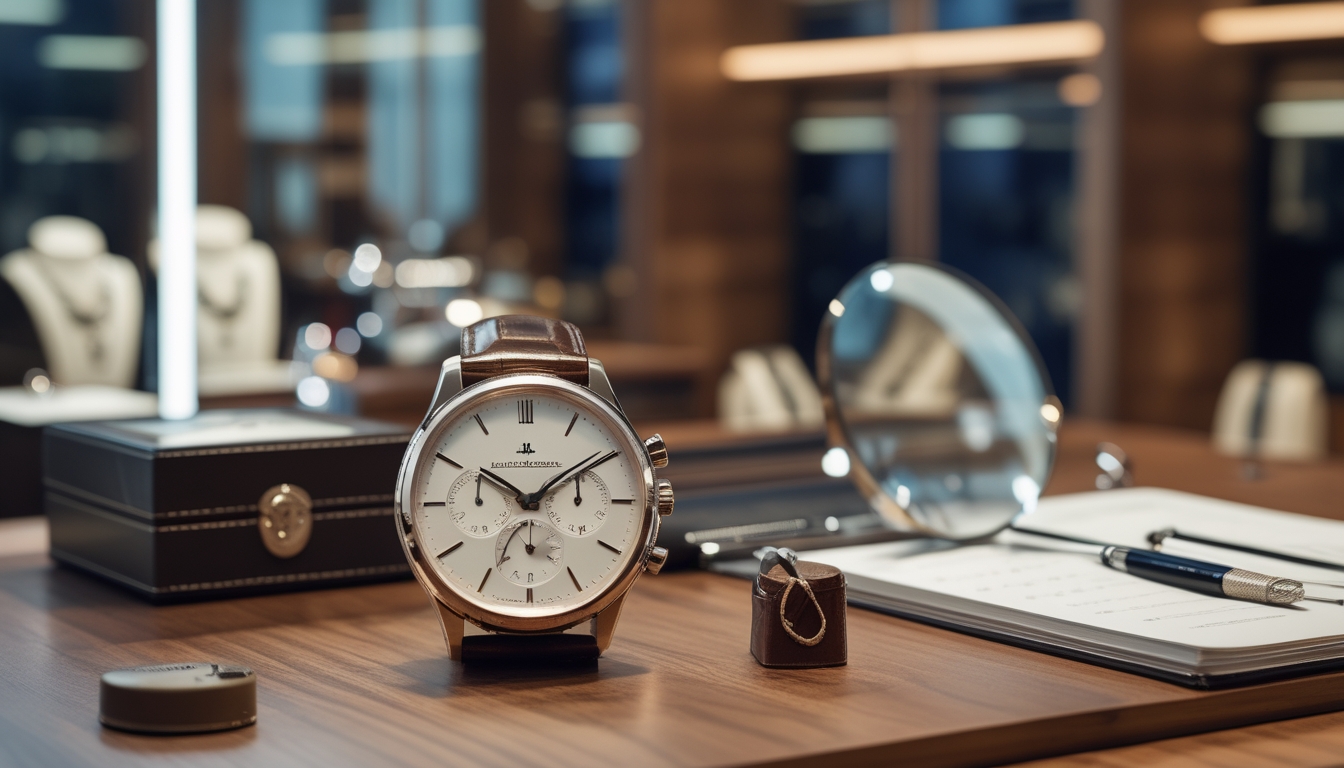 Sebuah jam tangan mewah Jaeger-LeCoultre diletakkan di atas meja kayu dengan aksesori seperti kotak jam kulit dan kaca pembesar, di dalam toko modern dengan pencahayaan alami.