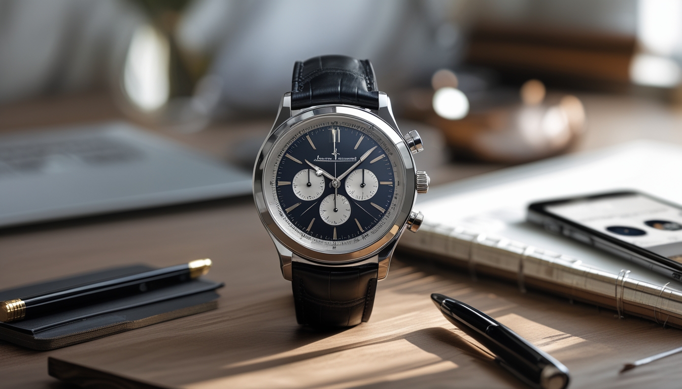 Foto close-up jam tangan mewah Jaeger-LeCoultre yang diletakkan di atas meja kayu dengan alat tulis dan ponsel di sekitarnya.