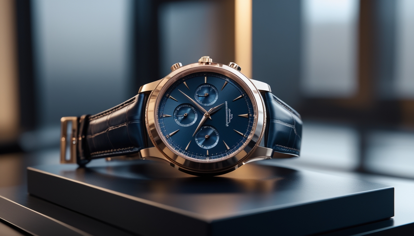 Jam tangan mewah Jaeger-LeCoultre dengan latar belakang gelap dan pencahayaan lembut yang menonjolkan detailnya.
