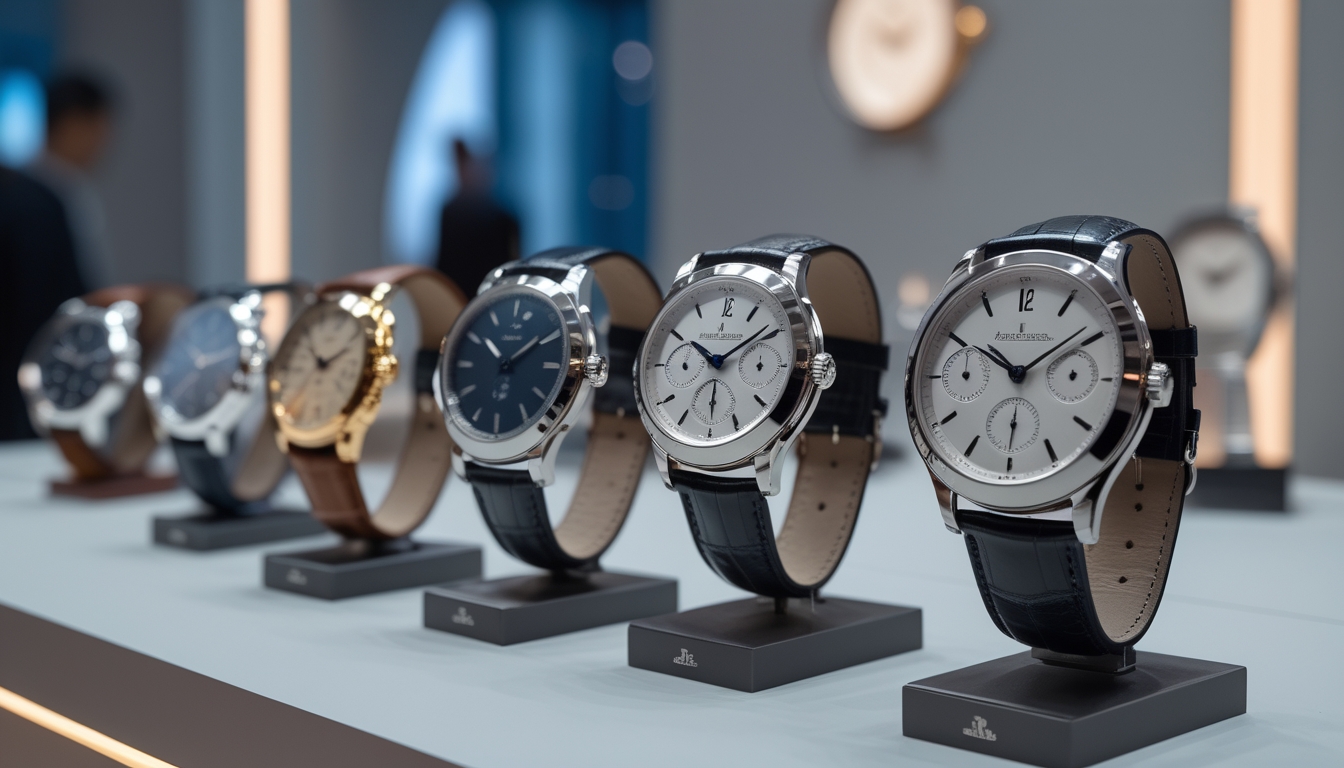 Deretan jam tangan mewah Jaeger-LeCoultre dipajang di atas meja dengan pencahayaan lembut di sebuah pameran.