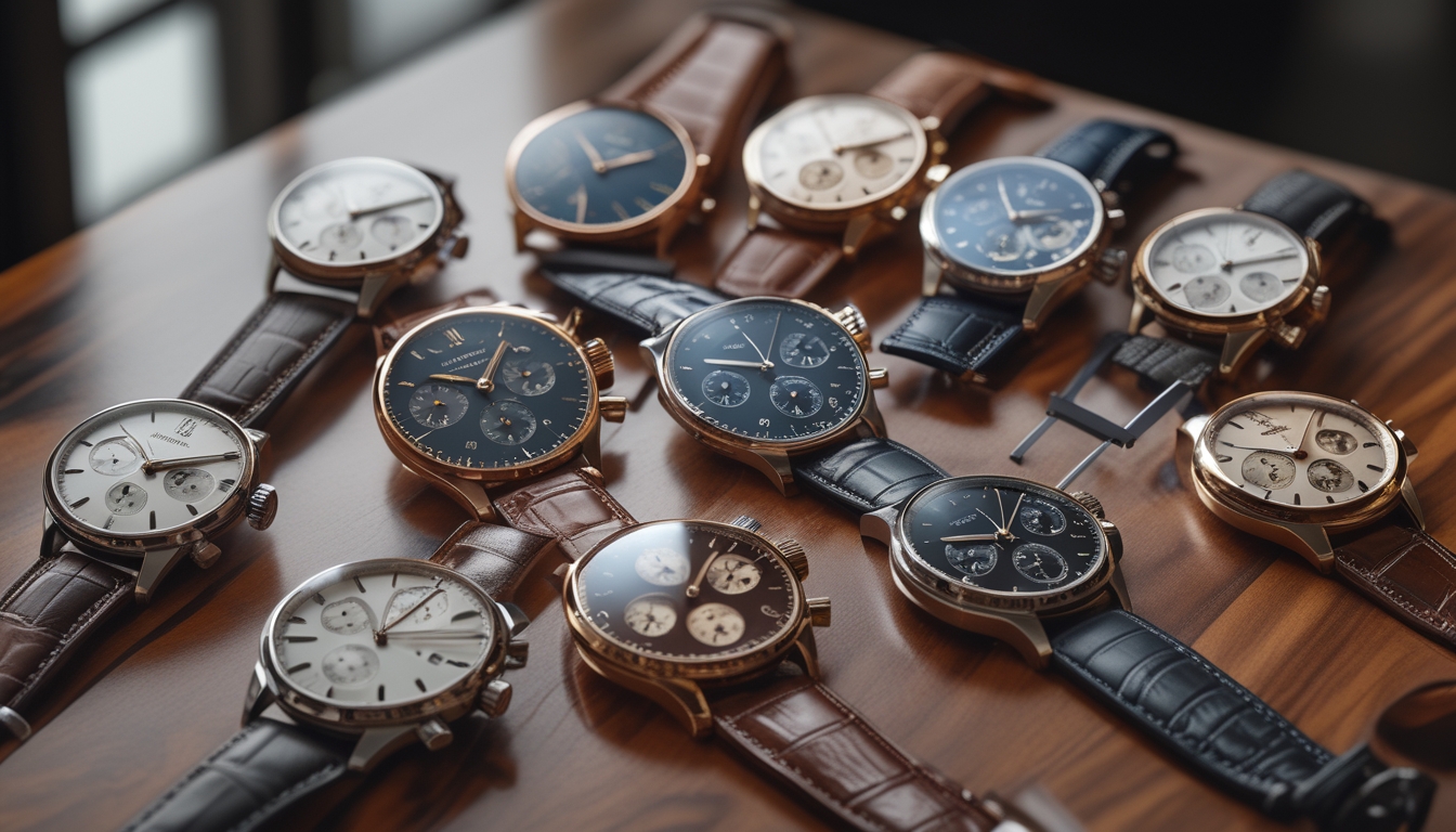Sepuluh jam tangan mewah IWC Schaffhausen tertata rapi di atas permukaan kayu, menampilkan berbagai desain dan bahan.