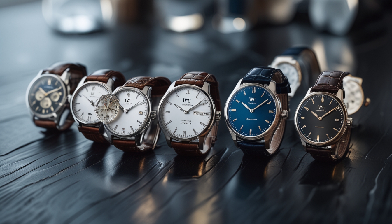 Beberapa jam tangan mewah IWC Schaffhausen tersusun rapi di atas permukaan kayu gelap.