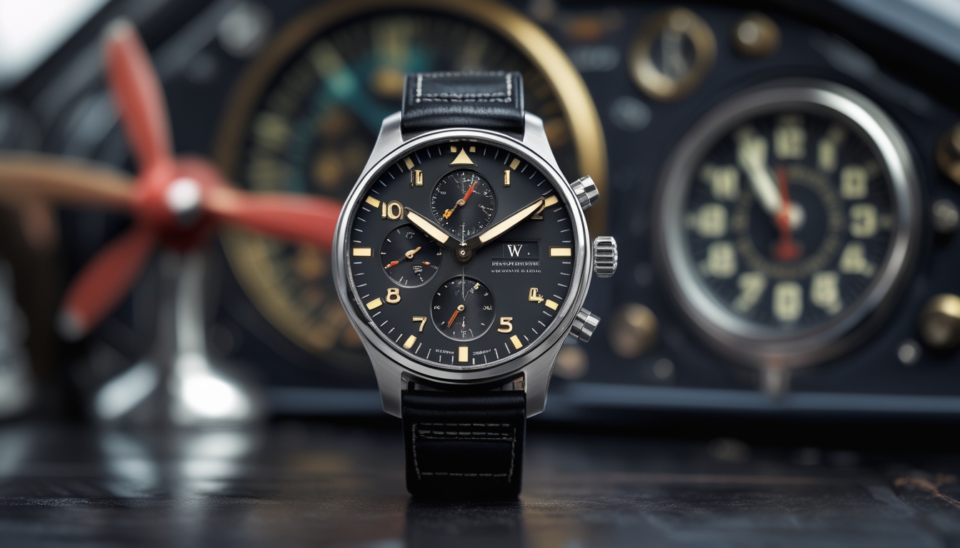 Jam tangan pilot mewah dengan desain modern dan detail mekanis, diletakkan di atas permukaan kayu gelap dengan alat penerbangan vintage di latar belakang.