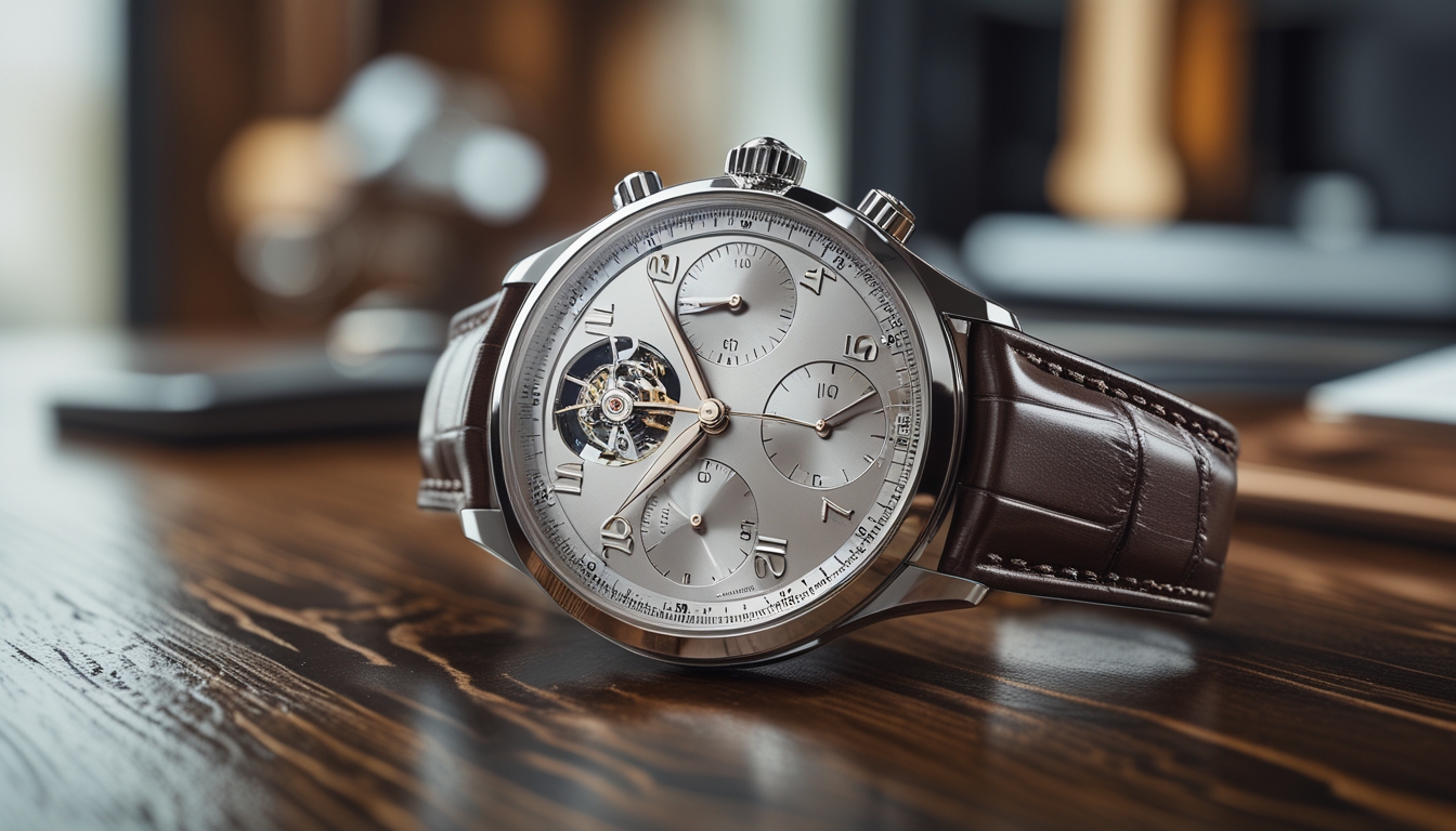 Sebuah jam tangan IWC Schaffhausen mewah dengan tali kulit dan dial detail, diletakkan di atas permukaan kayu yang halus.